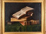 an oil painting of a book and a pair of glasses on a table