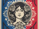une affiche représentant une femme aux cheveux longs avec une rose dans les cheveux