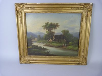 une peinture à l'huile représentant une scène fluviale avec une maison en arrière-plan