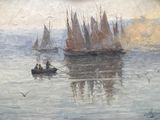 un tableau représentant un groupe de bateaux sur un plan d'eau
