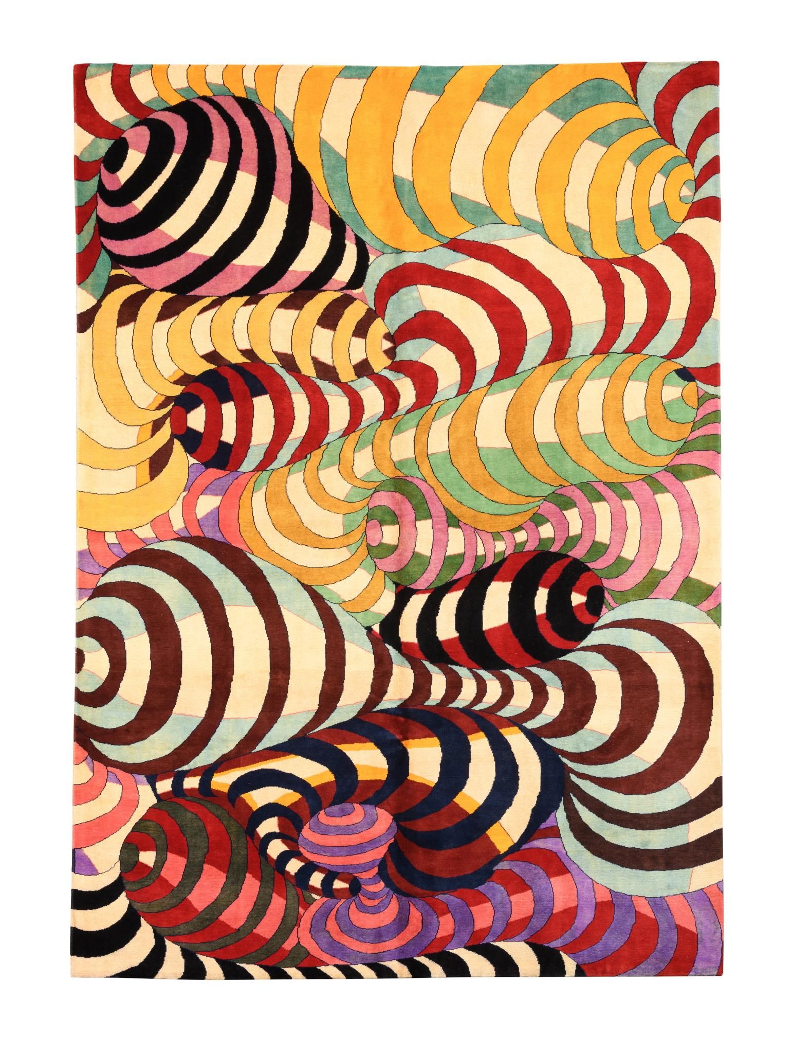 Tapis contemporain en laine à décor de spirales multicolores - Pièce unique 300x200 cm