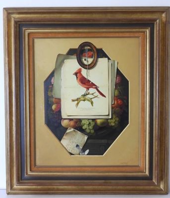 tableau représentant un oiseau rouge perché sur une assiette de fruits