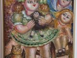 painting of a woman holding a cat and three dolls in a room