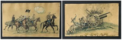 deux tableaux représentant des hommes à cheval et un canon sur une colline