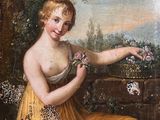 painting of a woman in a yellow dress holding a bird cage
