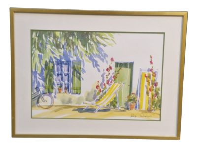 une photo d'un tableau représentant une chaise longue et un parasol