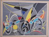 painting of abstract shapes on a gray background with a light wood frame