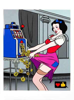 une image représentant une femme en robe rose en train de jouer aux machines à sous