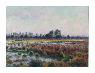 une peinture à l'huile représentant un marais avec des arbres en arrière-plan