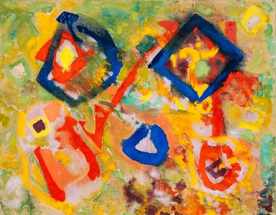 peinture abstraite composée de formes et de couleurs variées sur un fond jaune