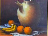 a painting of a tea pot and some oranges on a table