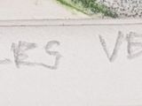 drawing of a cat sitting on top of a white wall with writing on it