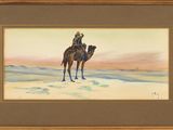a painting of a man riding a camel in the desert