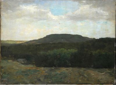 peinture représentant un paysage avec une montagne au loin