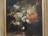 une peinture à l'huile représentant des fleurs dans un vase sur une table