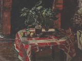 un tableau représentant une table sur laquelle se trouve un vase de fleurs