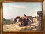 une image représentant un tableau où l'on voit un homme avec deux bœufs tirant une charrette