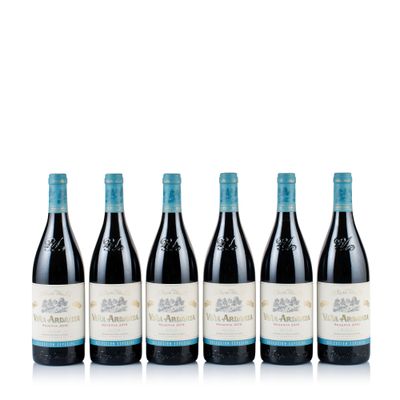 six bottles of red wine in a row on a white background