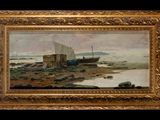 an oil painting of a boat on a beach near a body of water