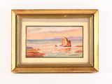 peinture à l'huile encadrée représentant une scène de plage avec des rochers et de l'eau