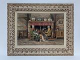 a picture of a painting of a family sitting in front of a fire place
