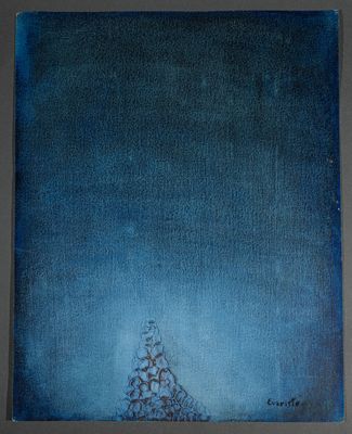 un tableau représentant un arbre au milieu d'un ciel bleu foncé