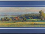 an oil painting of a landscape with houses and trees in the distance