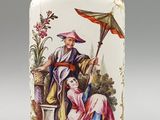 une photo d'une fiole à tabac en porcelaine sur laquelle est représenté un homme tenant un parapluie