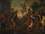 tableau représentant un groupe de personnes dans un environnement boisé