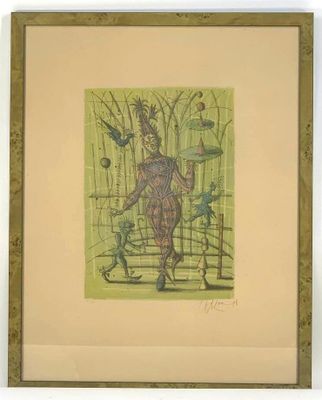 painting of a man with a bird on his head and a bird on his arm