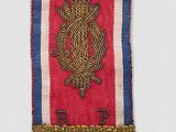 a red, white, and blue scarf with a crest on it