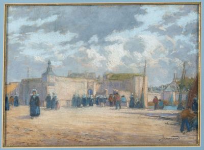painting of a group of people standing in front of a building
