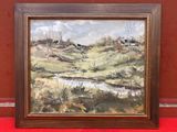 une peinture à l'huile représentant un paysage avec des vaches broutant dans un champ