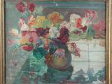 une peinture de fleurs dans un vase sur une table