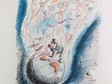 dessin représentant un homme sur une balle, avec de nombreux animaux en arrière-plan