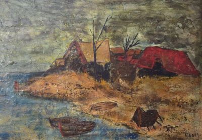 a painting on the wall of a house by the water