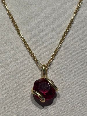 un gros plan d'un collier avec une pierre rouge sur une chaîne en or
