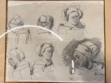 sketches of a woman in a bonnet and a man in a turban and a woman in a bonnet