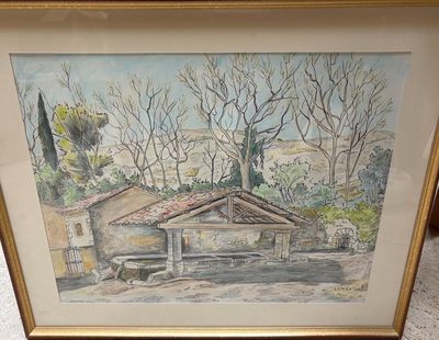 aquarelle encadrée représentant une maison et des arbres dans un jardin
