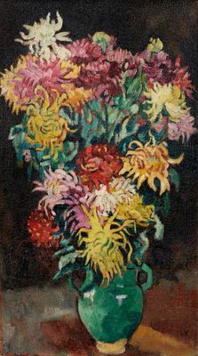 une peinture de fleurs dans un vase vert sur une table