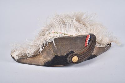 a hat with a feather on it on a white surface
