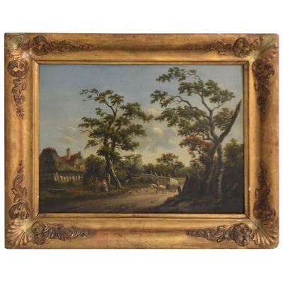an oil painting of a farm scene with a horse drawn carriage