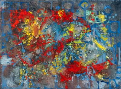 peinture abstraite représentant des fleurs rouges, jaunes, bleues et vertes sur un fond bleu