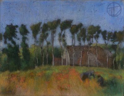 a painting of cows grazing in a field with trees