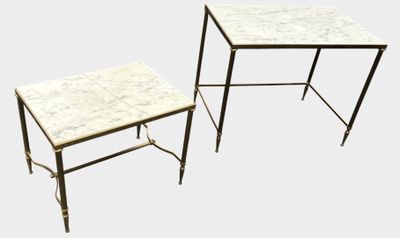 two tables with marble tops and metal legs