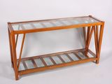 an image of a wooden and glass console table