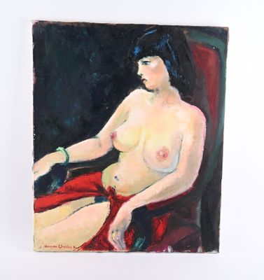 une peinture à l'huile représentant une femme assise sur une chaise, vêtue d'une jupe rouge