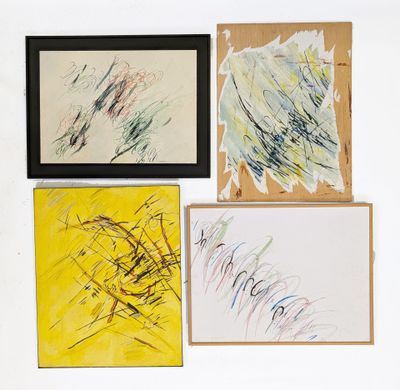 four paintings of different colors and shapes are displayed on a white surface