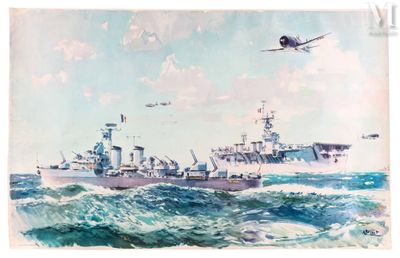 une peinture représentant un bateau sur l'eau, au-dessus duquel vole un avion
