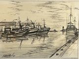 drawing of a group of boats in the water near a dock